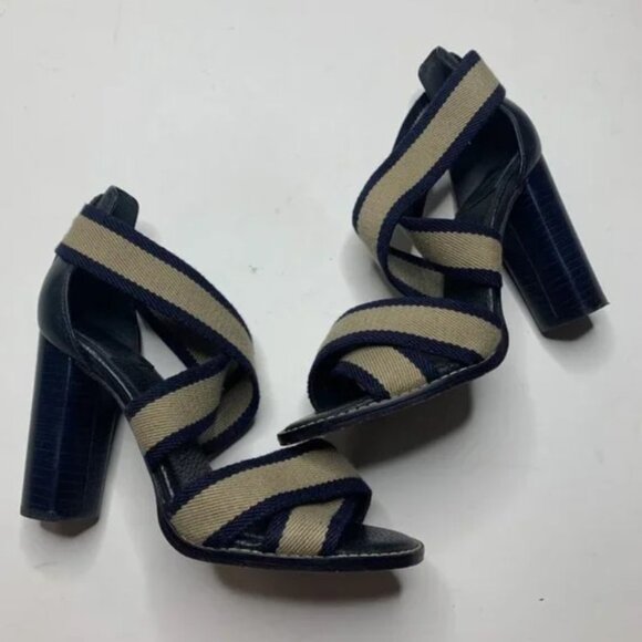 Tory Burch Shoes - TORY BURCH Navy Blue CrissCross Ankle Strap Block Heels, Size 6